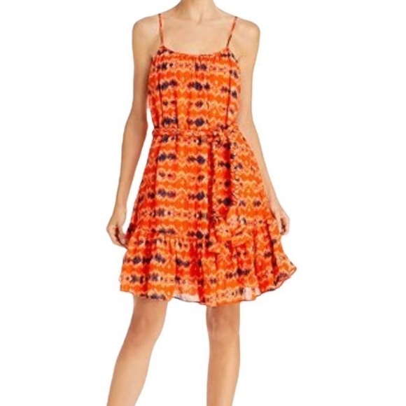 New Wayf Orange Batik Print Belted Chiffon Shift Dress - Picture 2 of 7